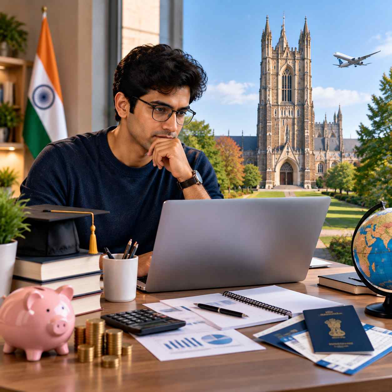 Indian MBA applicant planning Duke Fuqua MBA expenses with laptop, financial documents, education funding options, passport, currency planning and global study preparation elements.